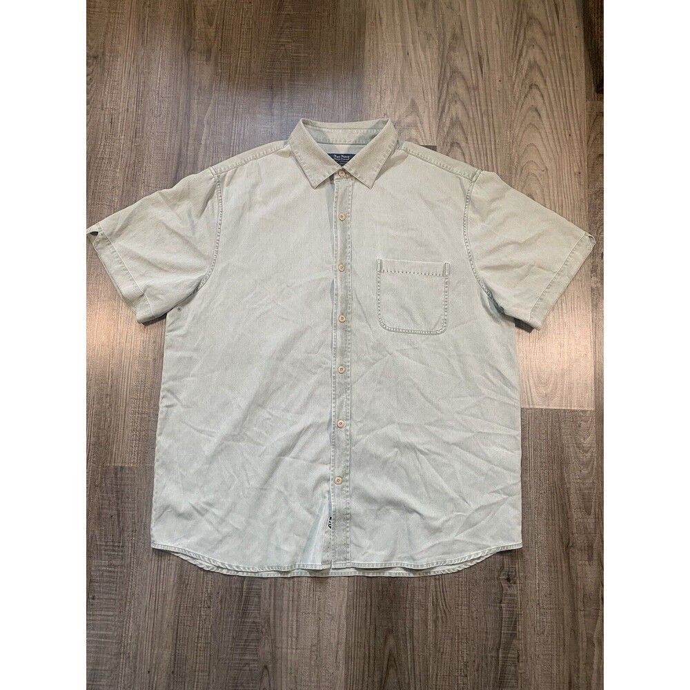 Nat Nast Shirt Men Large Green American Fit Button Up Cotton Silk Camp Casual